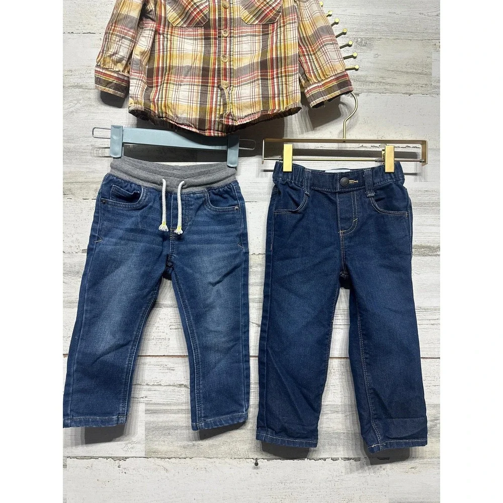 Old Navy‎ Cat & Jack Outfit Lot Boys 2T Multicolor Plaid Dino Denim